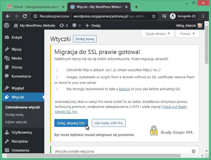 Aktywacja certyfikatu SSL przy pomocy wtyczki WordPress Really Simple SSL.