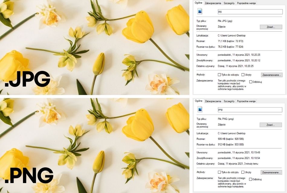 porównanie wielkosci pliku jpg i png