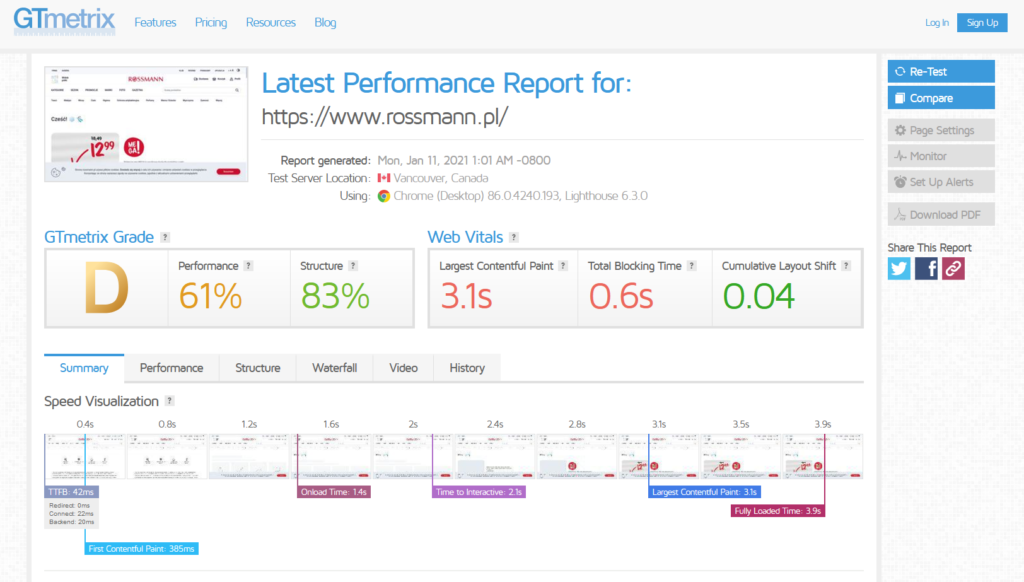 wyniki testu ze strony gtmetrix