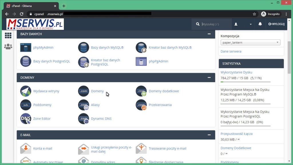 Rysunek 1 Okno nawigacyjne cPanel