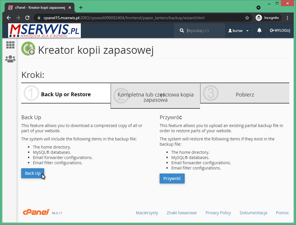 Rysunek1 Kreator kopii zapasowej cPanel