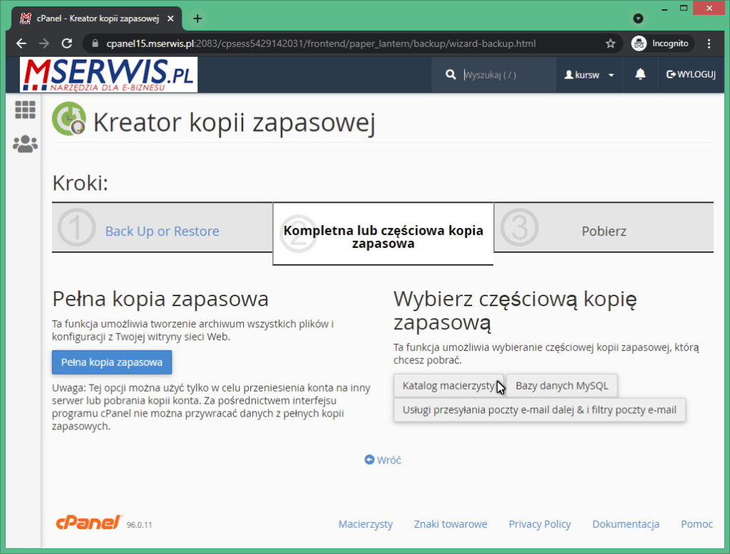 Rysunek3 cPanel Kreator kopii zapasowej