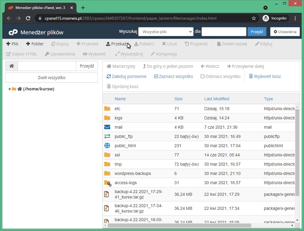 Rysunek 7 Menedżer plików cPanel