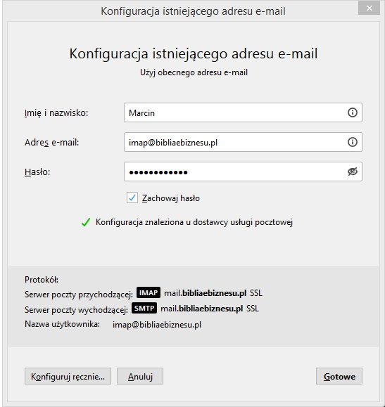 Rysunek 2 Domyślna konfiguracja konta pocztowego protokołem IMAP SSL i SMTP SSL w Thunderbird