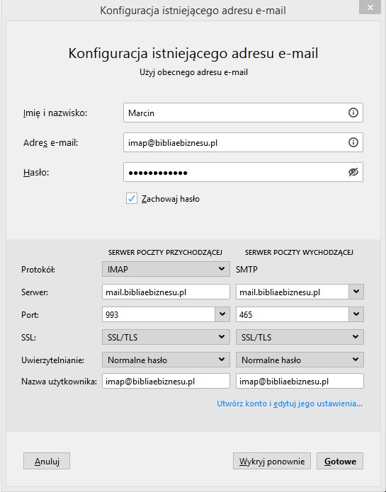 Rysunek 3 Szczegóły konfiguracji konta przy pomocy IMAP