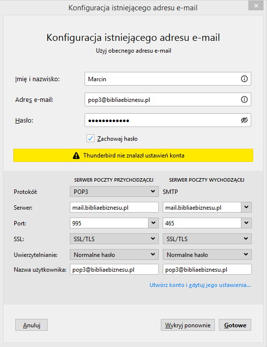 Rysunek 4 Konfiguracja konta pocztowego w Thunderbird przy pomocy protokołu POP3