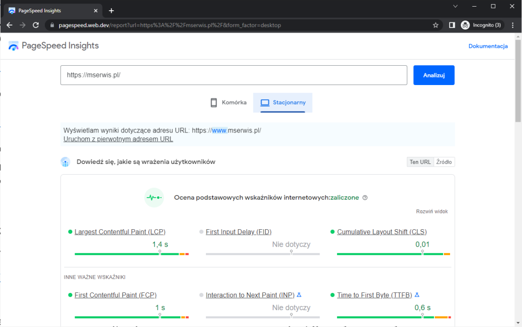 Rysunek 4 Testowanie serwisu przy pomocy Google PageSpeed Insights