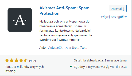 wtyczka akismet spam protection