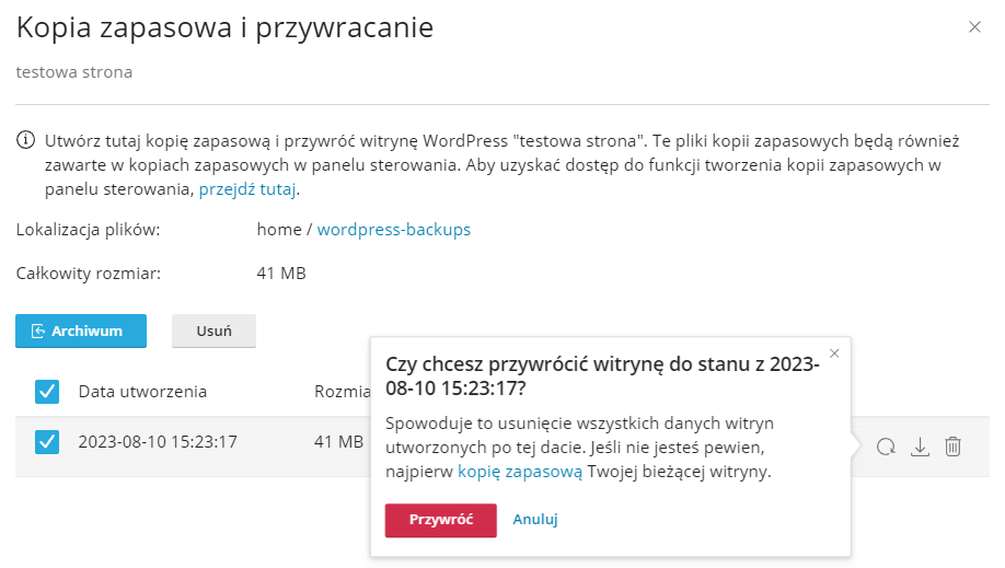 wp toolkit kopia i przywracanie