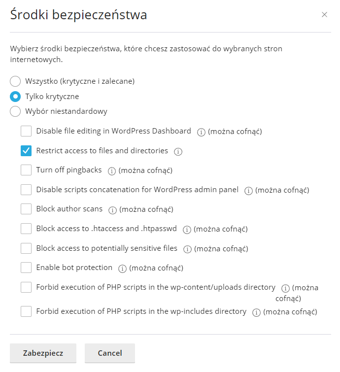 wp toolkit zaawansowane srodki bezpieczenstwa