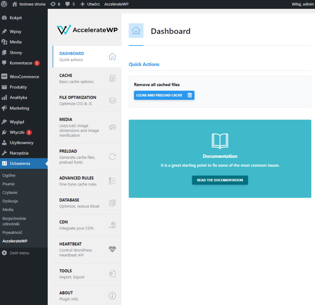 Zarzadzanie AccelerateWP w WordPressie