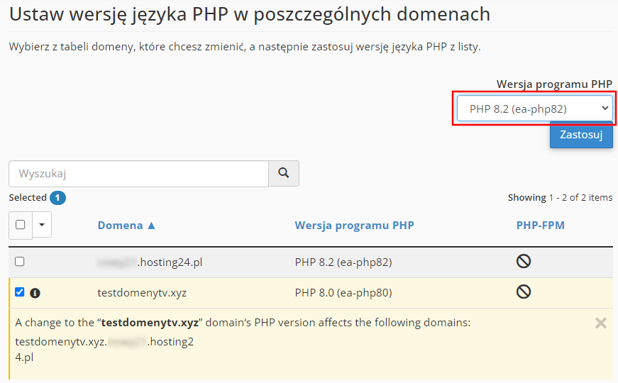 zmiana wersji php w cpanel