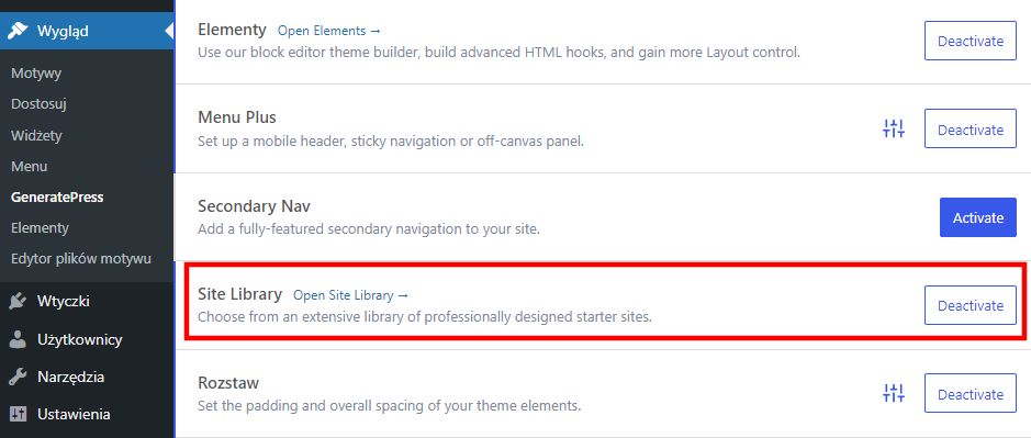 Site Library w menu wordpressa