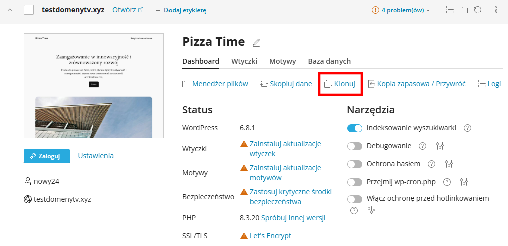 Klonowanie istniejącej witryny wordpress na hostingu cpanel