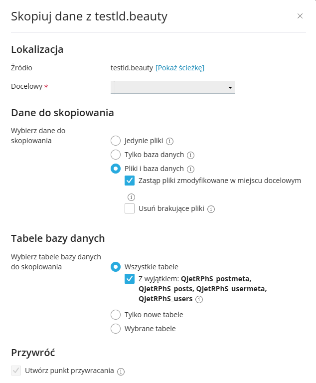 Skopiuj dane w WordPress Management
