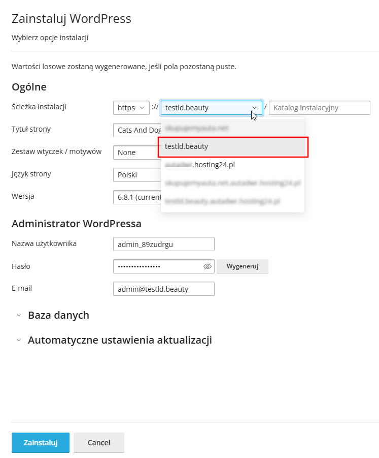 instalacja wordpress na nowej domenie