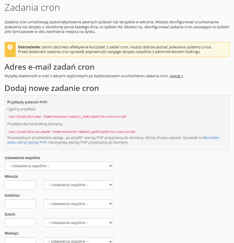 Konfiguracja zadań cron w panelu cPanel zadania cron