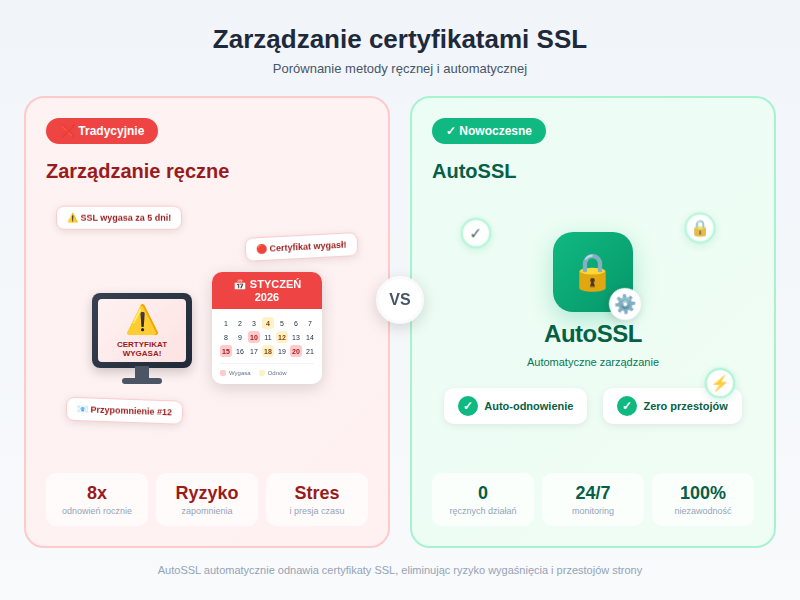 Porównanie zarządzania ręcznego i automatycznego certyfikatami SSL