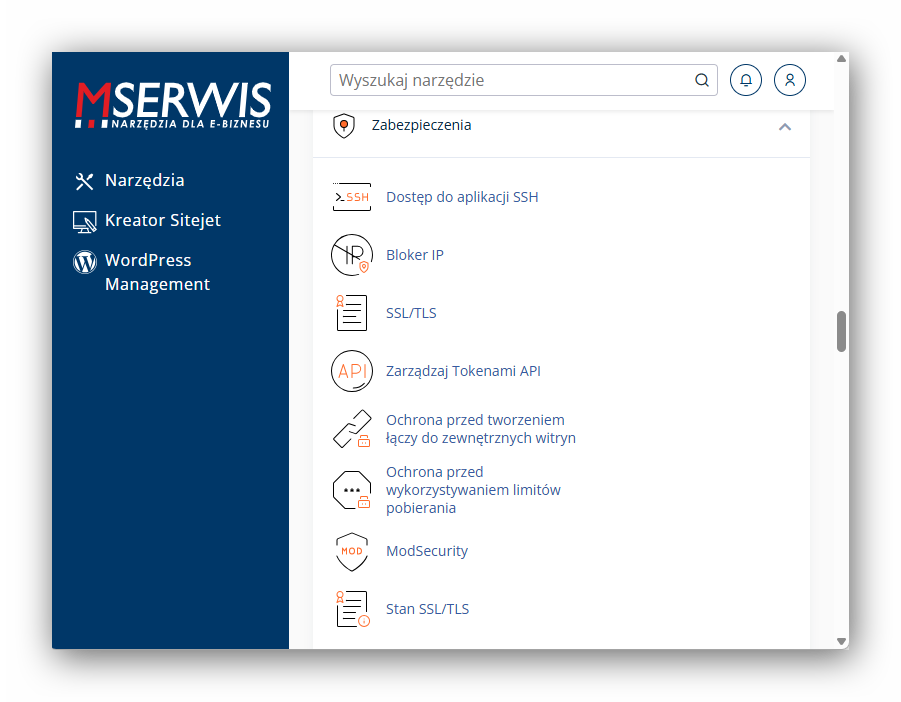 Screenshot panelu klienta MSERWIS z opcją AutoSSL