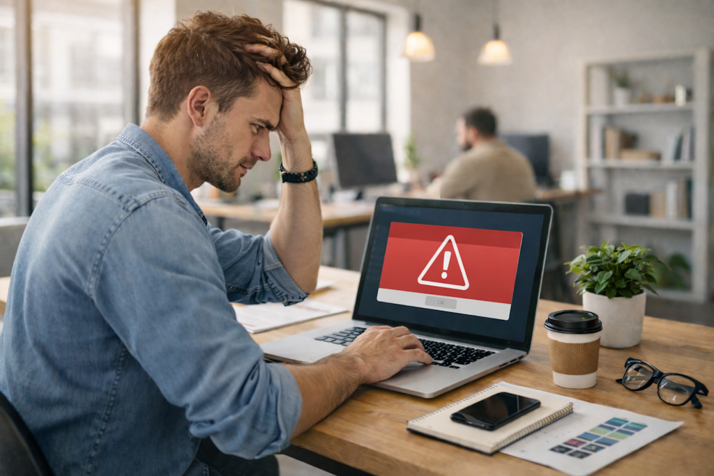 Ilustracja przedstawiająca przedsiębiorcę analizującego błędy przy wyborze platformy e commerce