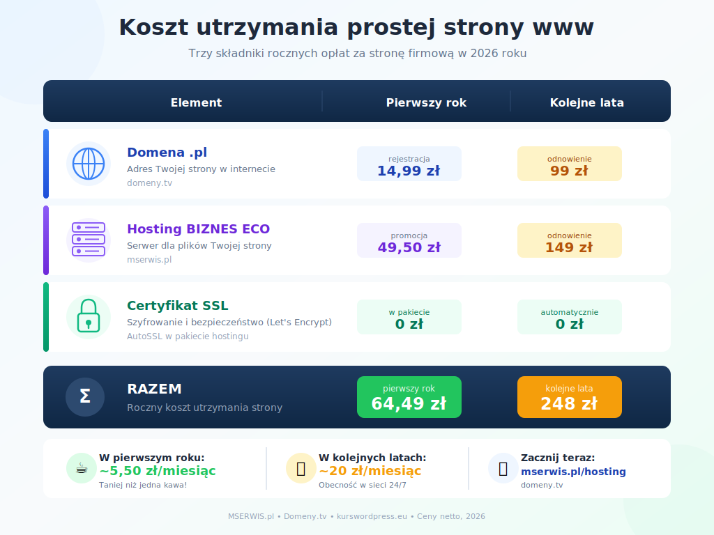 Infografika pokazująca trzy podstawowe składniki kosztów utrzymania strony internetowej rejestracja domeny, usługi hostingowe i certyfikat SSL