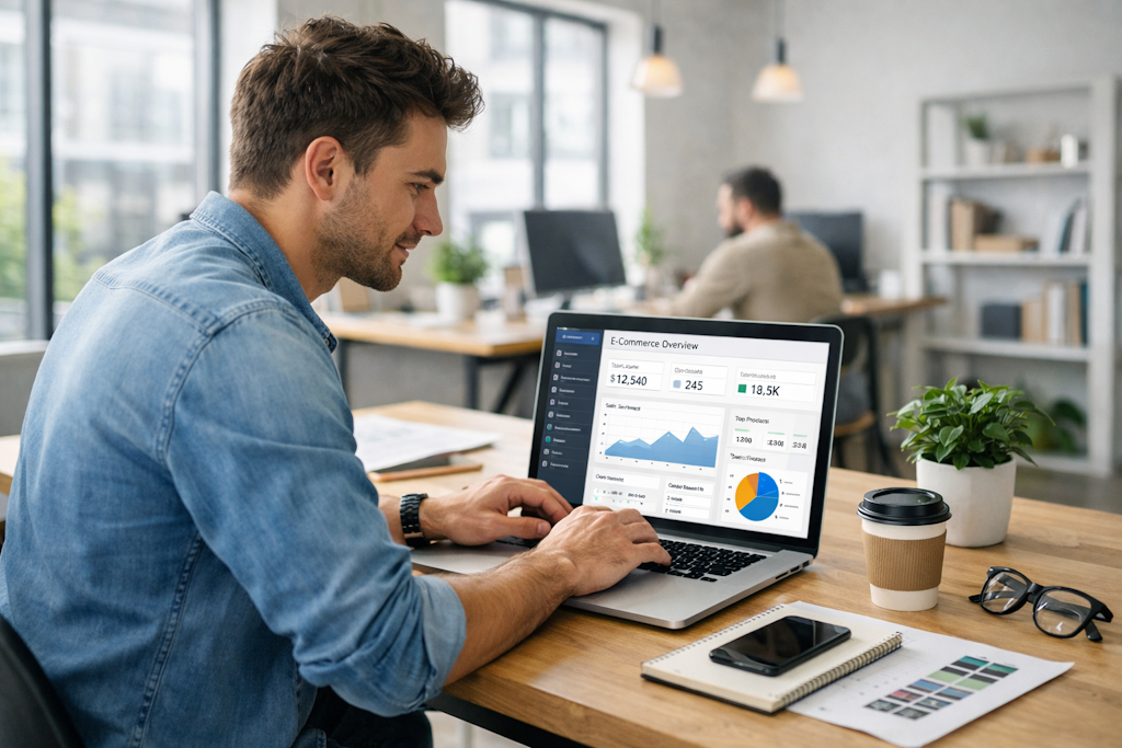 Młody przedsiębiorca pracuje przy laptopie nad projektem strony internetowej i sklepu online