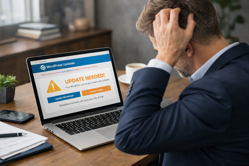 Osoba drapiąca się po głowie przed ekranem z komunikatem o konieczności aktualizacji WordPressa i wtyczek