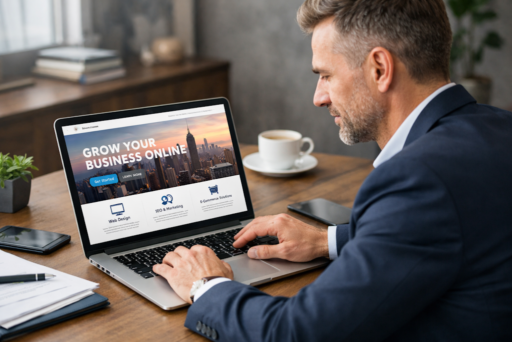 Prosta strona wizytówka na ekranie laptopa z widocznym formularzem kontaktowym i danymi firmy