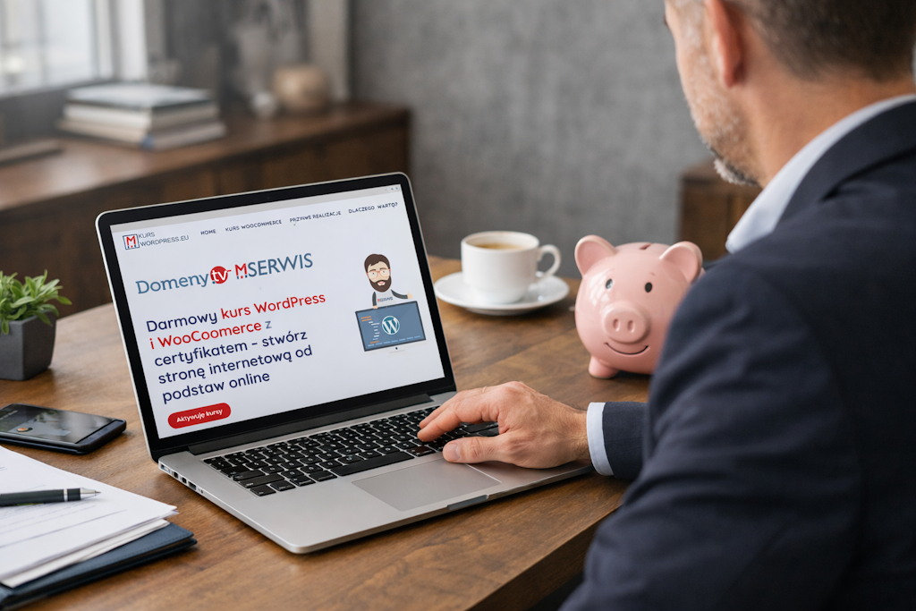 Skarbonka obok laptopa z otwartą stroną kursu WordPress, symbolizująca oszczędności przy samodzielnej obsłudze strony www