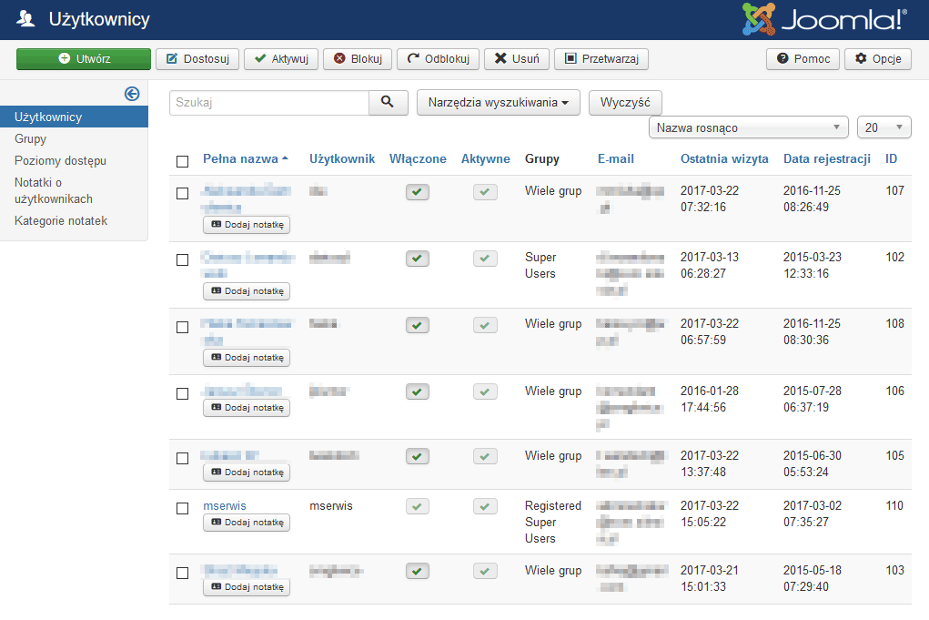 Joomla - lista użytkowników z uprawnieniami administracyjnymi