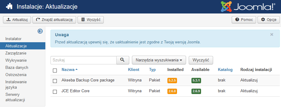 Joomla - automatycznie wykrywane aktualizacje