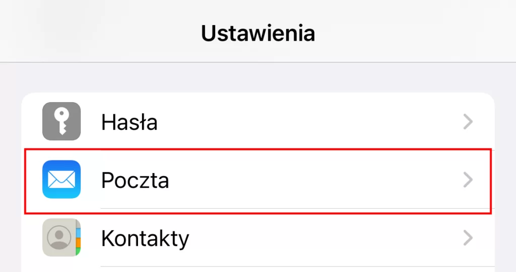 wybieranie zakładki Poczta z zakładki Ustawienia