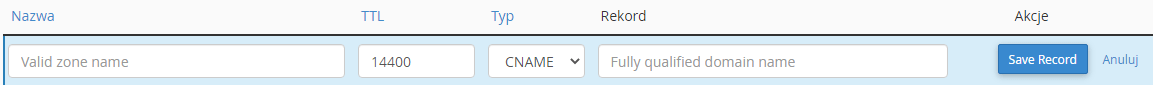 Ekran dodawania rekordu CNAME
