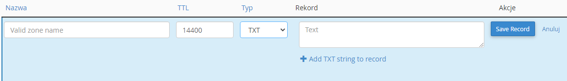 Ekran dodawania rekordu TXT