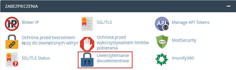 wybieranie zakładki 2FA w cpanelu