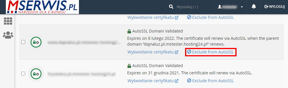 wykluczanie domeny z autossl