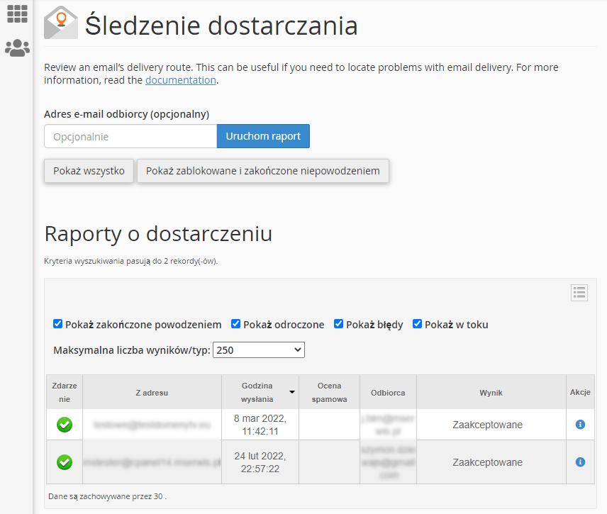 Strona śledzenie dostarczania w cpanel