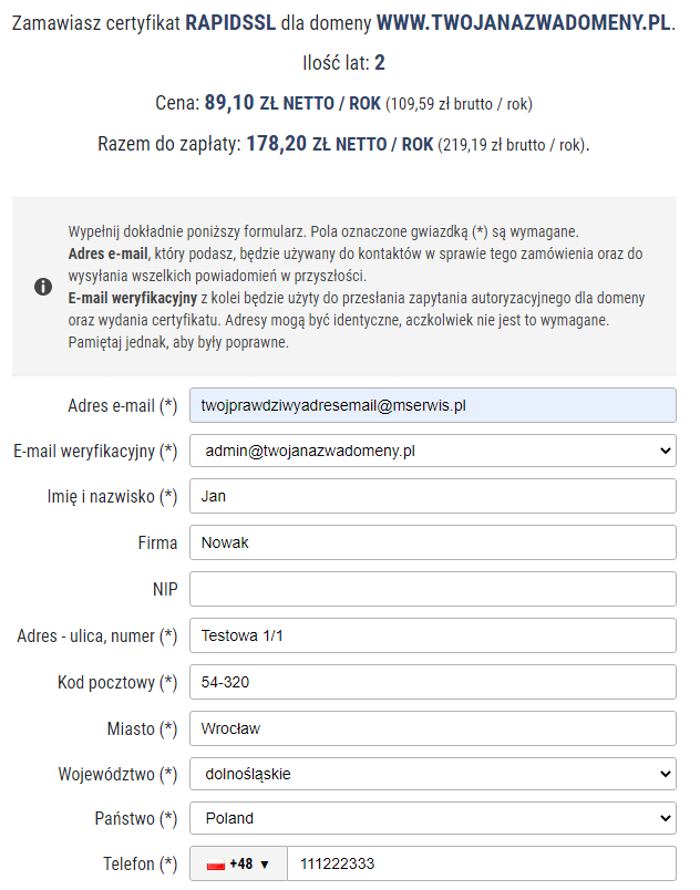 Certyfikat SSL - finalizacja zamówienia