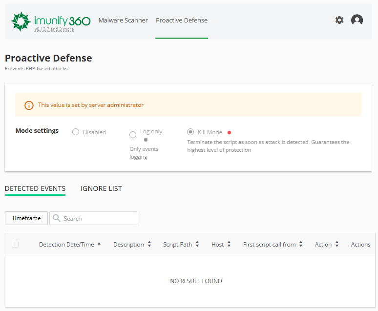 Zakładka Imunify360 Proactive Defense