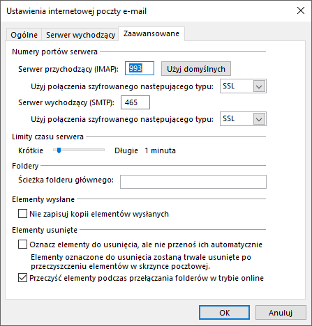 Konfiguracja serwerów w Outlook 2016