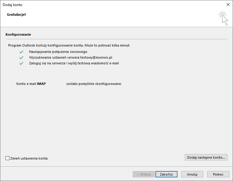 Dodawanie konta e-mail w Outlook 2016 - powodzenie