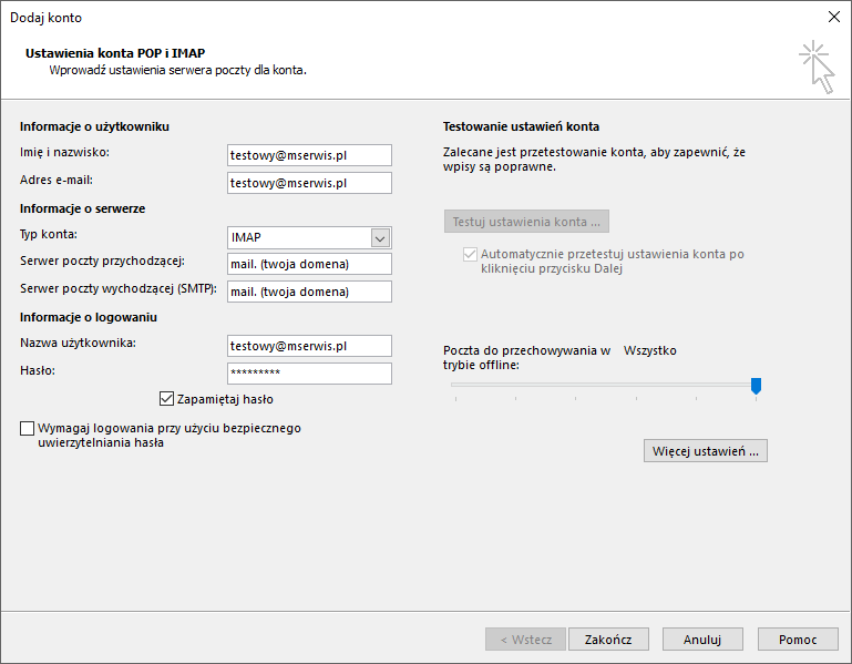 Ustawienia kont e-mail w Outlook 2016