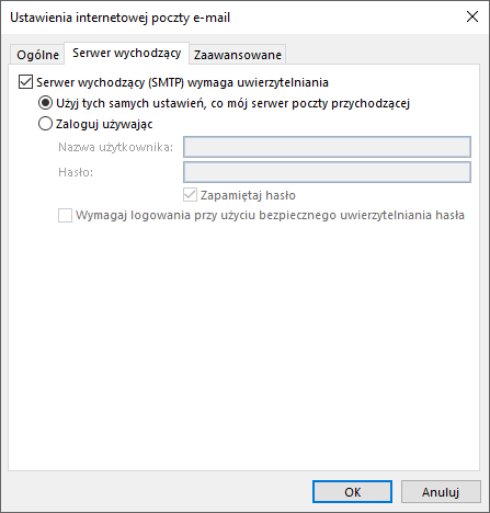 Konfiguracja poczty wychodzącej w Outlook 2016