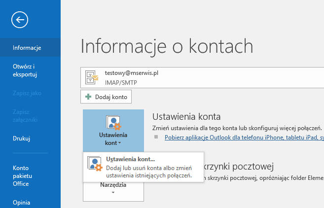 Zarządzanie kontami e-mail w Outlook 2016