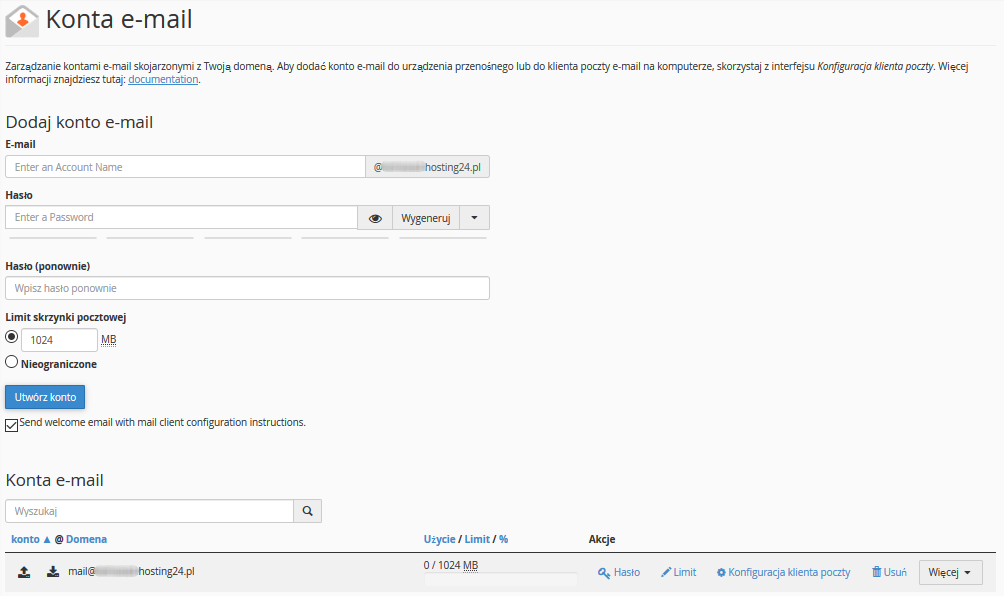 nowe konto pocztowe w cPanelu