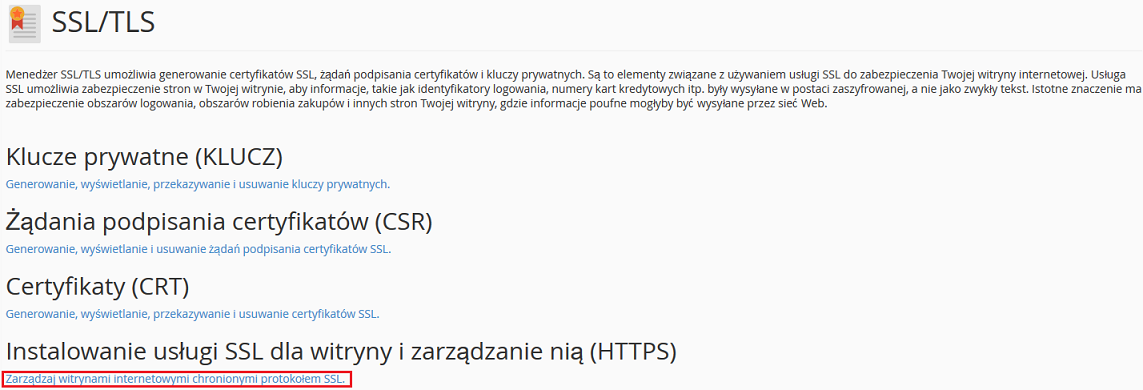 cPanel funkcja do zainstalowania certyfikatu