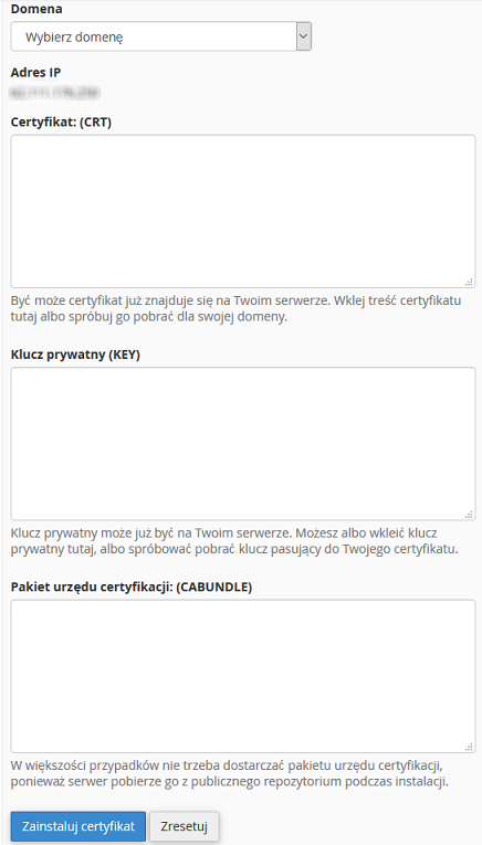 cPanel okno do wprowadzenia danych certyfikatu SSL