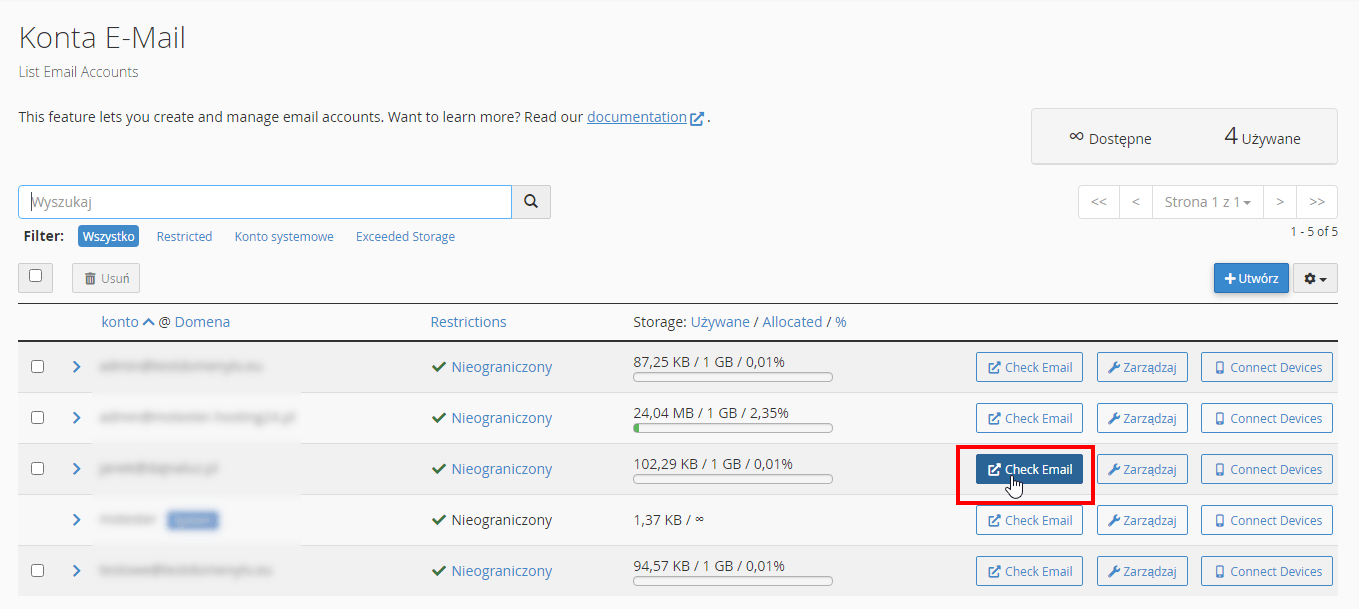 zakładka Konta e-mail w cPanel i pozycja check email