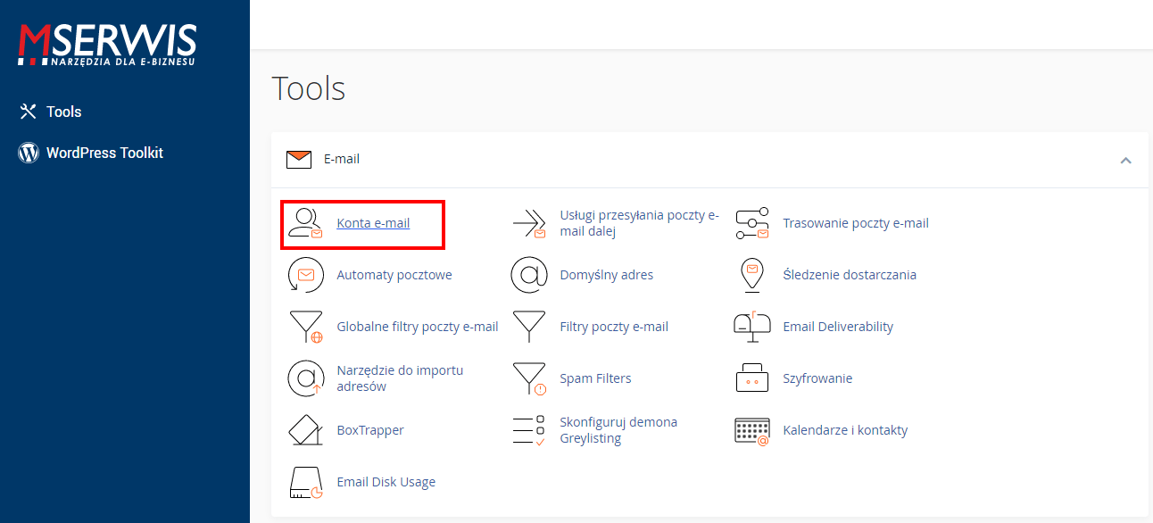 zakładka Konta e-mail w cPanel