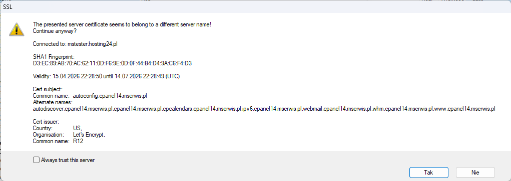 Total Commander - komunikat dotyczący certyfikatu SSL/TLS